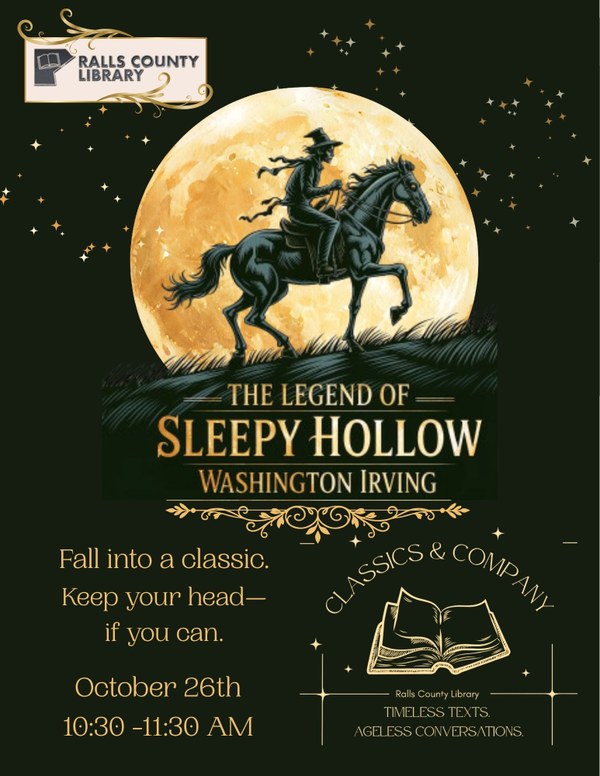 Upcoming Book Club Book: Sleepy Hollow Image showing classic and company book club meeting on Oct 27th at 10:30 am. Image includes the cover of Sleepy Hollow and the tag line "Fall into a classic. Keep your head—if you can."